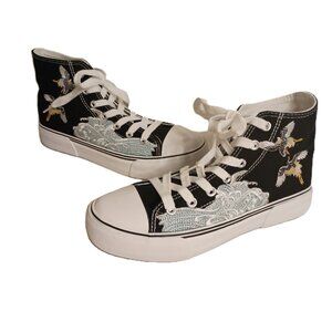 High Top Sneakers Black Embroidered Bird Women’s Size 7 NWT